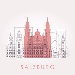 Outline Salzburg skyline with landmarks. Vector illustration. Business travel and tourism concept with historic buildings. Image for presentation, banner, placard and web site.