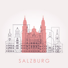 Fototapeta premium Outline Salzburg skyline with landmarks. Vector illustration. Business travel and tourism concept with historic buildings. Image for presentation, banner, placard and web site.