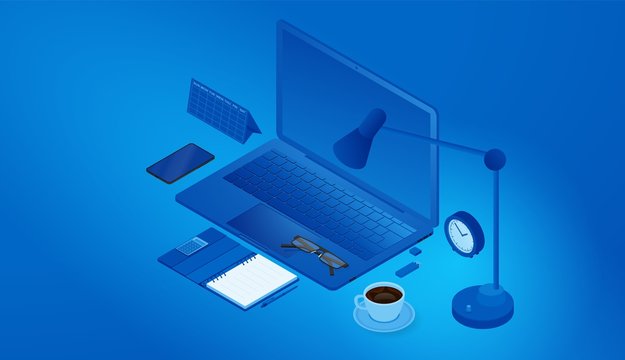 Isometric concept of the workplace. Office equipment and accessories. Blue background. Vector illustration.