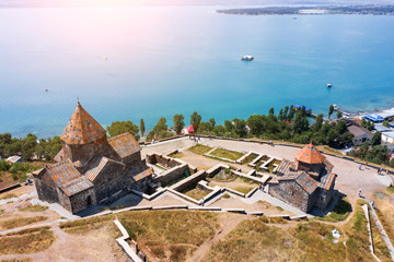 old Sevanavank monastery on the shore of lake Sevan in Armenia. in summer on a clear Sunny day. photography from the quadrocopter. the view from the top