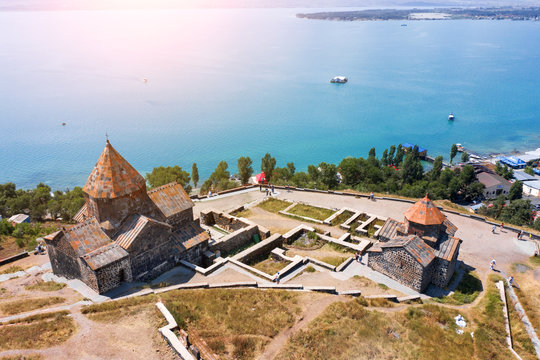 old Sevanavank monastery on the shore of lake Sevan in Armenia. in summer on a clear Sunny day. photography from the quadrocopter. the view from the top