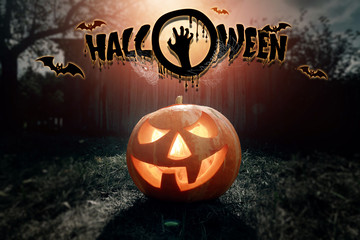 Creative background, inscription Halloween party pumpkin on a dark background. Festive background,...