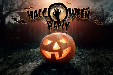 Creative background, inscription Halloween party pumpkin on a dark background. Festive background,...