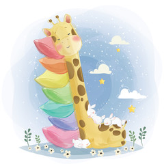 Schattige giraf die op regenboogkussens slaapt