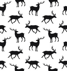 Vector seamless pattern of black deer silhouette isolated on white background