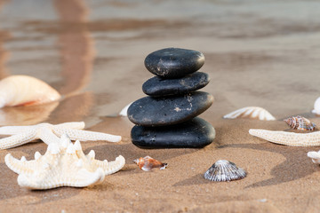 Spa composition - stacked Basalt Stones, Seashells and Sea Stars on the beach at sunrise in front of the ocean. Wellness, Balance and Relax concept.