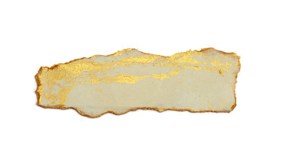 Torn piece of edge paper on white background. Gold and bronze color marble texture.