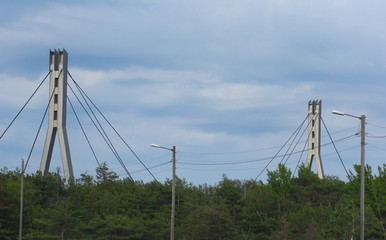 View on overhead power line and bridge Norway