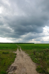Naklejka na ściany i meble Dramatic countryside landscape with thunderclouds in the sky over a wheat field.