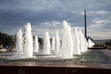 Fountain with vertical water jets in the city Park Sights of Moscow World tourism