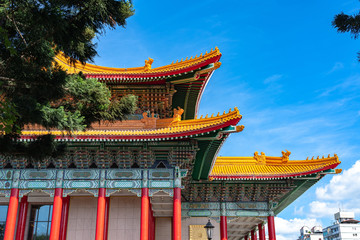 Close-up view of The National Theater of Taiwan, a chinese style architecture inside the National Taiwan Democracy Memorial Hall area ( National Chiang Kai-shek Memorial Hall ). Taipei, Taiwan