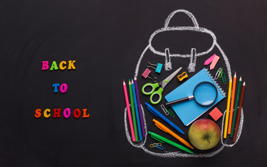 Teenage chalk backpack with office stationery and lunch