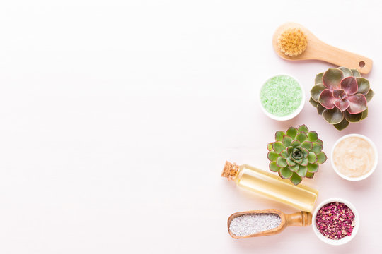 Spa background with handmade bio cosmetic and  cactus composition, flat lay, space for a text - Image.
