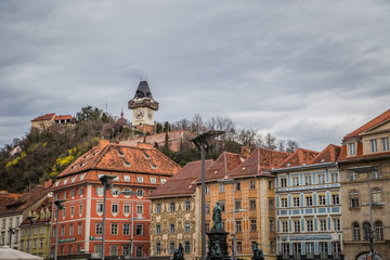 Fototapeta na wymiar Clock tower aka Uhrturm in Graz