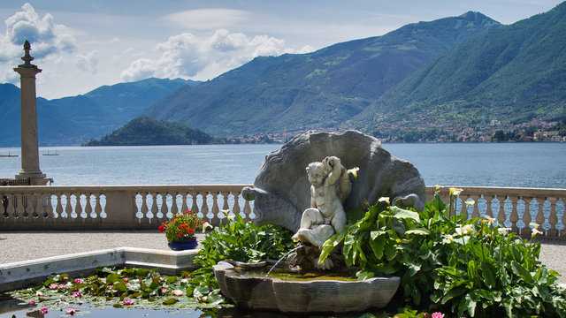 Park Of Villa Melzi In Bellagio At The Famous Italian Lake Como, cloudy sky