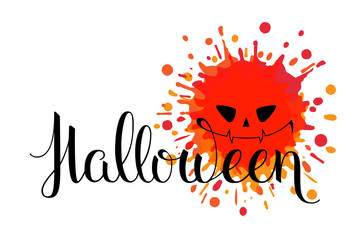 Inscription Halloween with a smiling face in hand lettering style on the red blob background, hand writing brush pan