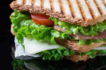 Tasty appetizing sandwich with cheese, tomatoes and bacon with salad isolated on a black background.