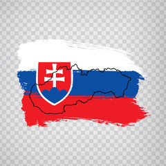 Flag Slovakia from brush strokes and Blank map Slovak Republic. High quality map Slovakia and flag on transparent background. Stock vector. Vector illustration EPS10.