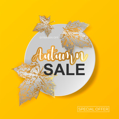 Autumn sale white round sticker template with gold, silver maple leaf on yellow background. Bright fall season leaves. Design template poster, banner, flyer frame. Promotion Vector illustration