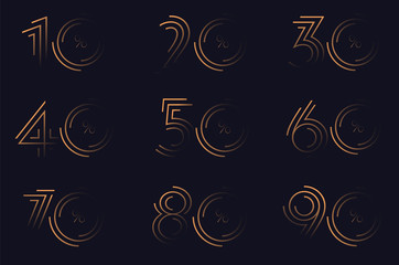 10 20 30 40 50 60 70 80 90 100 percent off sale discount golden lines on the black background for luxury brands