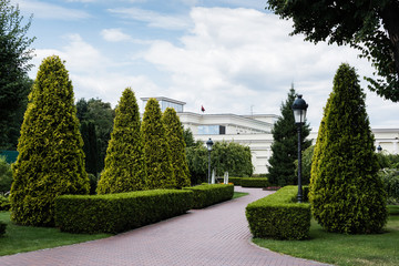 walkway, street lamp and green fir trees near white house