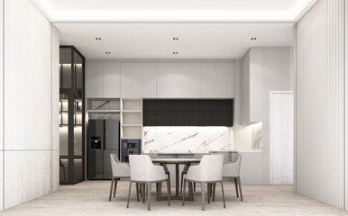 Modern luxury dining area and kitchen with wooden and marble texture. 3d rendering