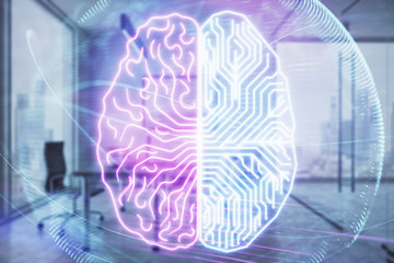 Brain sign hologram with minimalistic cabinet background. Double exposure. Ai concept.