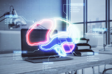 Brain sketch hologram with desktop office background. Double exposure. Concept of education