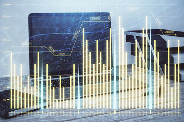 Stock market chart and desktop office computer background. Multi exposure. Concept of financial analysis.