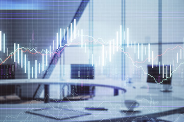 Double exposure of forex chart on conference room background. Concept of stock market analysis