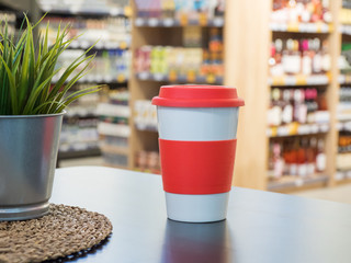 coffee cup in coffee shop of a large supermarket