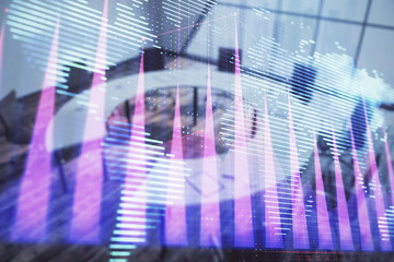 Double exposure of stock market graph with globe hologram on conference room background. Concept of international finance