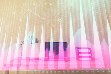 Stock market chart and desktop office computer background. Multi exposure. Concept of financial analysis.