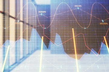 Double exposure of financial graph on empty room interior background. Forex market concept.