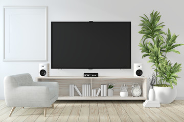 cabinet mock up and smart tv on wall with decoration zen room japanese style.3D rendering