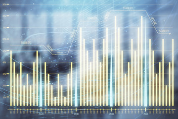 Stock and bond market graph with trading desk bank office interior on background. Multi exposure. Concept of financial analysis