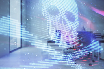 Hacking theme hologram with office interior on background. Double exposure. Concept of cyber piracy