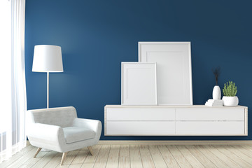 Frame on Cabinet zen style on modern dark blue room and decoration.3D rendering