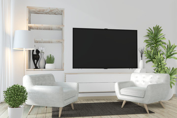 cabinet mock up and smart tv on wall with decoration zen room japanese style.3D rendering