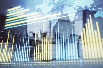 Stock and bond market graph and world map with trading desk bank office interior on background. Multi exposure. Concept of international finance