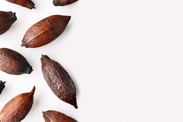 Cocoa pods on a white background, creative flat lay food concept with copy space
