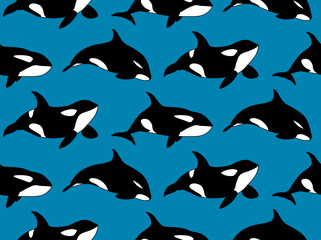 Vector seamless pattern of hand drawn killer whale swimming on blue background. Marine texture with orca
