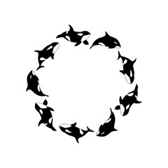 Vector illustration killer whales swimming in a circle. Marine animal Orca round frame on white background