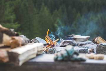 Making a bonfire: Small flame on a camping trip, adventure outdoors