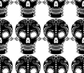 Vector seamless pattern of black sugar skull with floral ethnic ornament on white background