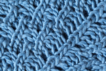 Knitted woolen textured surface, macro. Soft grey blue merino wool pattern backdrop, closeup. Autumn and winter flat lay. Scandinavian minimal style