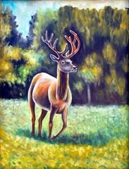 Obraz przedstawiający biegnącego jelenia na tle lasu. © seb2303