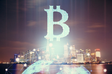 Multi exposure of cryptocurrency theme hologram drawing and city veiw background. Concept of...