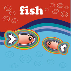 Kolorowa, komiksowa, bajkowa ilustracja przedstawiająca ryby.