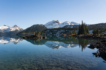 View of reflection of mountain landscape in garibaldi lake near whistler at provinvial park